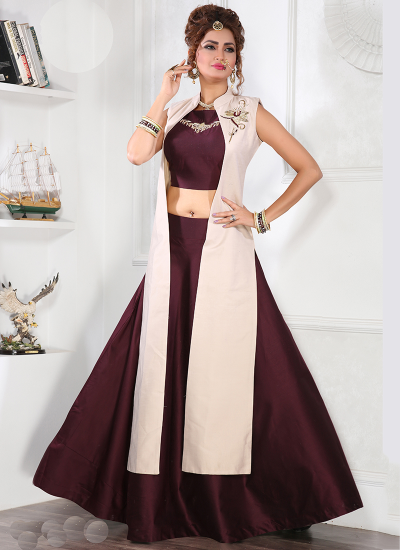 Buy Party Wear Brown Hand Work Crepe Readymade Crop Top With Skirt
